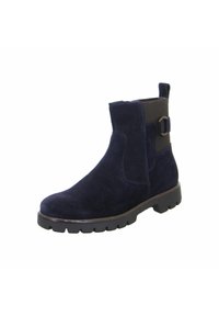 Stivaletti alla caviglia in suede blu navy con superficie testurizzata, pannello elastico laterale e dettaglio in fibbia metallica nella parte superiore. Suola in gomma spessa.
