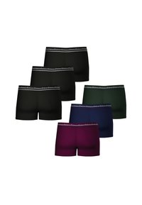 Six paires de boxers en noir, vert, marine et bordeaux, dotés d'une ceinture élastique de marque et d'un tissu lisse et extensible.