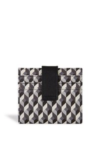 Geometric-patterned cardholder with black strap, featuring alternating shades of gray and white, oriented vertically on a white background.