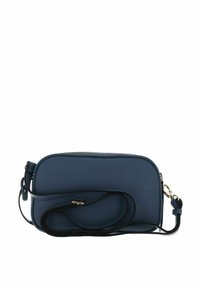 Blue leather crossbody bag with a textured surface, rectangular shape, zip closure, and a detachable strap featuring gold-tone hardware.