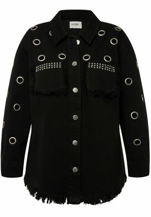 Zwart denim overhemd met zilveren oogjes, gestippelde voorzakken en een franjes zoom. Heeft metalen knopen en een klassiek kraagontwerp.