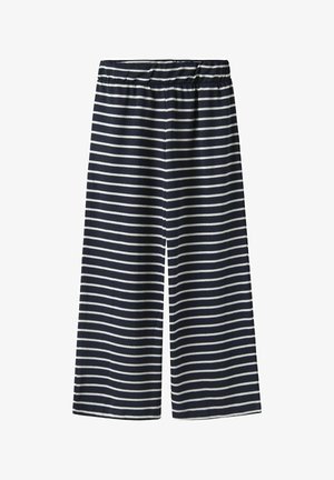 Mornarsko modre kulote z belimi vodoravnimi črtami, z elastičnim pasom in ohlapnim krojem. Narejene iz mehkega, zračnega materiala.