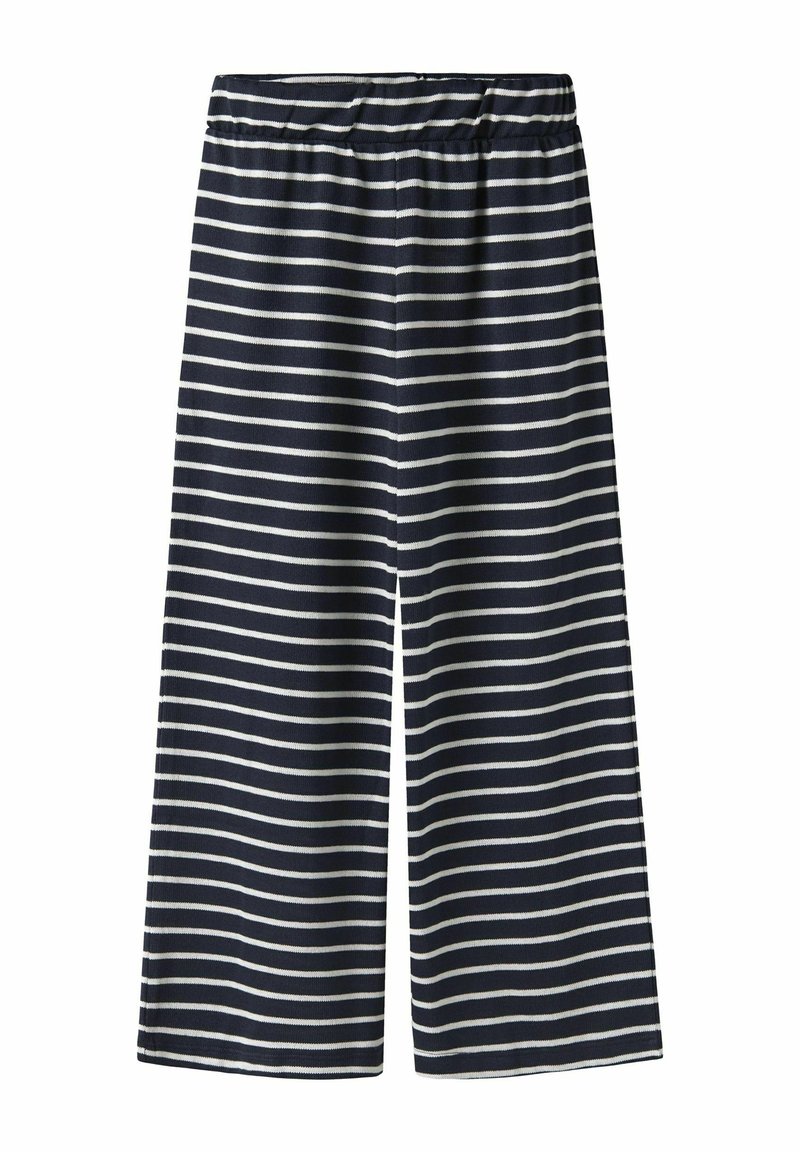 Námornícky modré culottes s bielymi horizontálnymi pruhmi, s elastickým pásom a voľným strihom. Vyrobené z mäkkej, priedušnej tkaniny.