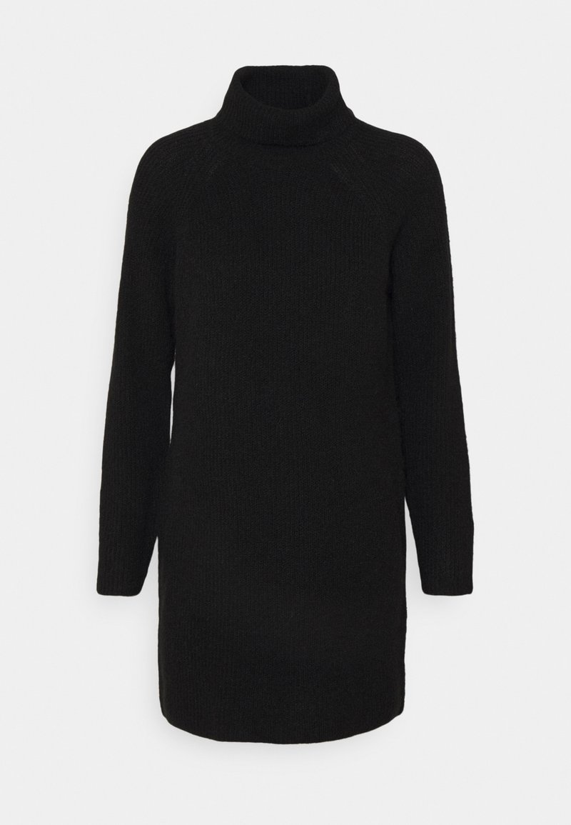 Svart, stickad klänning med hög halsringning, långa ärmar och en avslappnad passform. Har en ribbad struktur genom hela plagget.