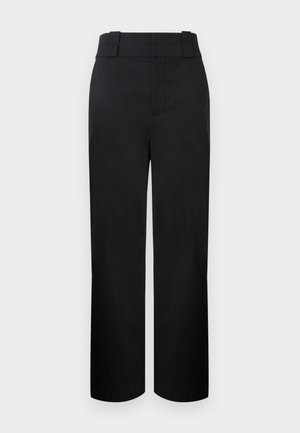 Μαύροι παντελόνες με ψηλή μέση και ίσια γραμμή, με φαρδιές θηλιές για ζώνη και κρυφό εμπρόσθιο κούμπωμα σε φωτεινό φόντο.