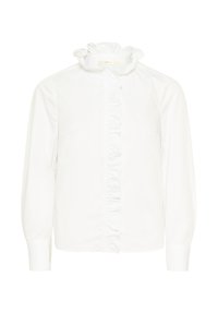 Weiße Langarmbluse mit Rüschenhochkragen und Rüschenbesatz entlang der vorderen Knopfleiste.