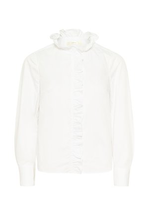 White long-sleeve blouse with ruffled high collar and ruffled trim along the front button placket.
