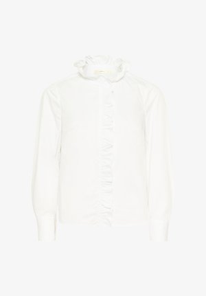 White long-sleeve blouse with ruffled high collar and ruffled trim along the front button placket.