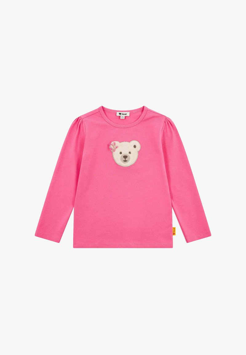 Rosa Langarm-T-Shirt mit Puffärmeln, das ein aufgenähtes Bärengesicht und Blumendetails auf der Brust zeigt. Aus weichem Baumwollmaterial.