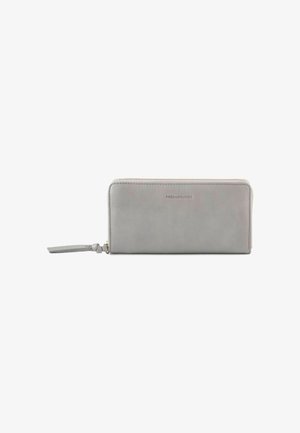 Gray leather wallet with a smooth texture, zip closure, and a wrist strap. Features subtle branding on the front. Simple rectangular shape.
