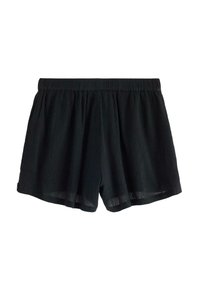 Svarta, texturerade shorts med elastisk midja. Utfälld design, knä-lång, lättviktigt tyg med en lätt genomskinlig look.