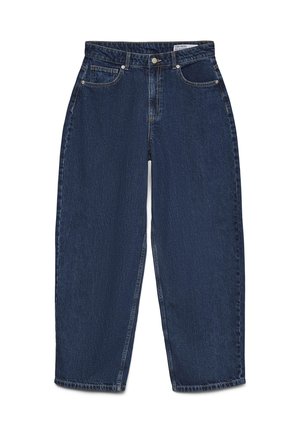 Mørkeblå denimjeans med rette ben, fem lommer og synlige sømmer. Har en frontlukking med knapp og glidelås.