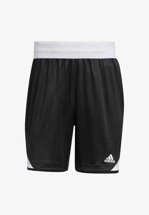 Czarne sportowe szorty z szerokim, białym elastycznym pasem w talii oraz logo Adidas na dolnej prawej nogawce, wyposażone w białe siateczkowe panele boczne.