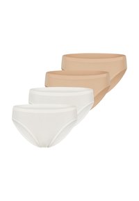 Twee paar beige en twee paar witte bikini-onderbroeken voor vrouwen, gerangschikt in twee rijen op een witte achtergrond.