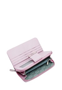 Pink wallet with a textured exterior, snap closure, multiple card slots, and a patterned green interior. Contains a zipper compartment.