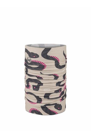 Beige tubular neck gaiter with black snake patterns featuring pink accents, displayed upright on a white background.