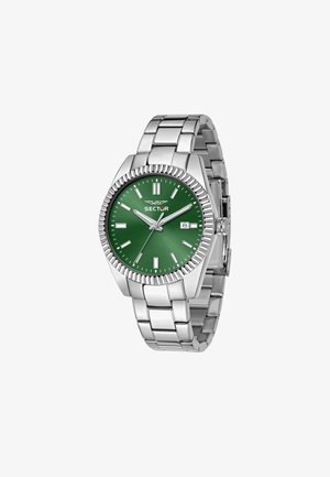 Orologio in acciaio inossidabile argentato con quadrante verde, marcatori delle ore argentati e display della data. Bezel testurizzato e design della bracciale a maglie.