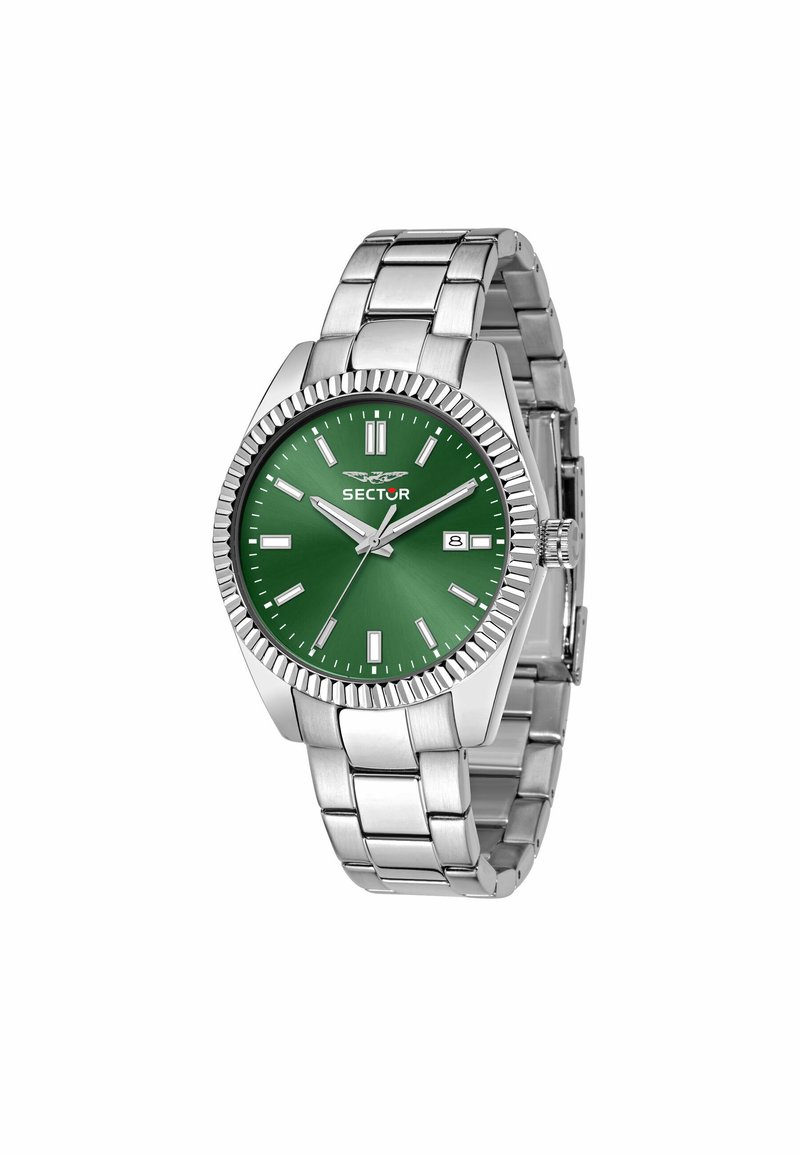 Orologio in acciaio inossidabile argentato con quadrante verde, marcatori delle ore argentati e display della data. Bezel testurizzato e design della bracciale a maglie.