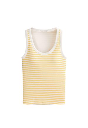 Maiou fără mâneci, tricotat cu dungi orizontale galbene și albe și cu un decolteu rotund.