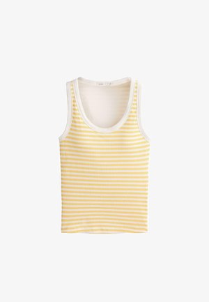 Maiou fără mâneci, tricotat cu dungi orizontale galbene și albe și cu un decolteu rotund.