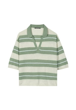 Short-sleeve knit shirt with green and off-white horizontal stripes, V-neck with collar, and loose fit.