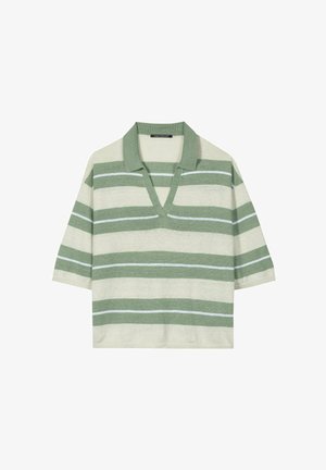Short-sleeve knit shirt with green and off-white horizontal stripes, V-neck with collar, and loose fit.