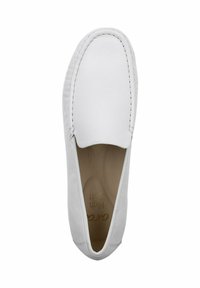 White leather slip-on shoe with a rounded toe, hand-stitched detailing along the edge, and a smooth interior lining.