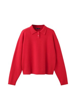 Pull en maille rouge à manches longues avec col et deux boutons au niveau de l'encolure, présenté sur fond blanc.