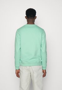 Mintgrön sweatshirt med rund hals, långa ärmar och ribbad mudd, parat med ljusbeiga byxor. Snygg textur, avslappnad design.