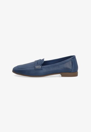 Blue leather loafers with a rounded toe, featuring a stitched panel design and decorative hardware on the upper. Flat brown sole.