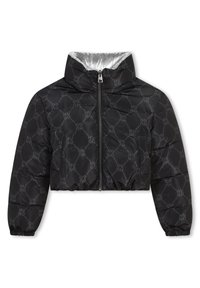 Veste courte en doudoune noire avec finition brillante, présentant un motif avec le logo "HUGO", un col montant et une fermeture éclair. Manches élastiquées.