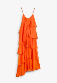 Orange, ærmeløs kjole med flere lag af flæser, flydende design og rund halsudskæring. Letvægtsstof med en glat tekstur.