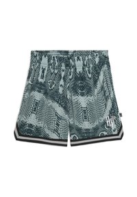 Green and black patterned shorts featuring a snake skin design, with a black waistband and contrasting white stripes at the hem.