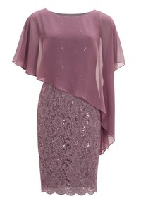 Short purple dress with a sheer overlay. Lace texture on the skirt with floral patterns and sequins. Rounded neckline and scalloped hem.