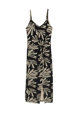 Černé šaty s úzkými ramínky, zdobené krémovým listovým vzorem a předním rozparkem. Vyrobené z hladké, lehké tkaniny s uzlovým detailem v pase.
