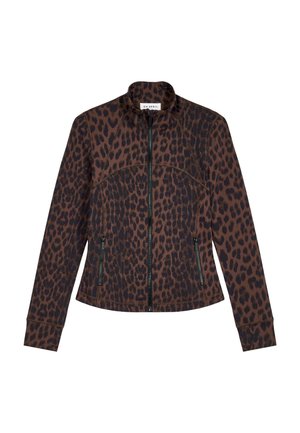 Leopard print jacket in brown and black, features a zip front, high collar, two zippered side pockets, and long sleeves. Stretch fabric.