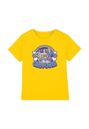 Yellow T-shirt with graphic of three female superheroes under a rainbow, surrounded by hearts, with "GIRL POWER" text below them.