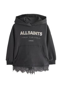 Sweat à capuche noir avec poche avant, texte « "ALLSAINTS" », caractères japonais, « "LONDON" » en dessous, avec une bordure en dentelle noire à l’ourlet.