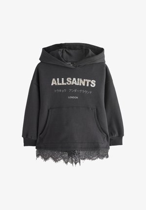 Czarna bluza z kapturem z logo "ALLSAINTS" w teksturowanych literach, przednia kieszeń kangurza i koronkowe wykończenia na spodniach w panterkę.