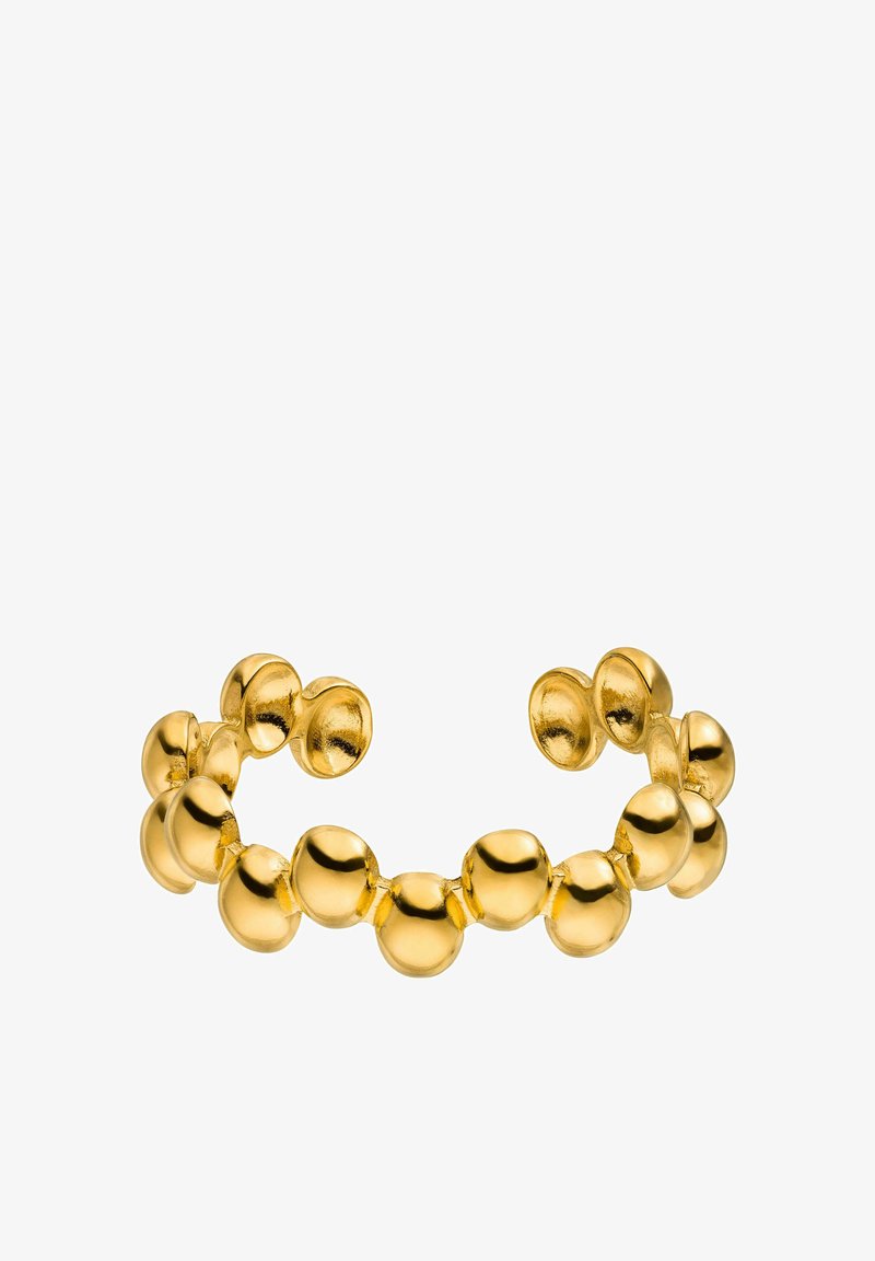 Goldfarbener Armreif mit abgerundeten, perlenartigen Elementen. Glatte, glänzende Oberfläche mit einem flexiblen, offenen Design.