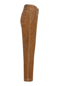 Brune fløjlsbukser med lige ben-design, der har baglommer, lynlås og en diskret ribbede tekstur.