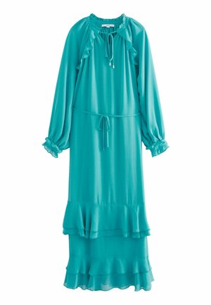 Teal mekko, joka on valmistettu pehmeästä ja valuvaasta kankaasta. Siinä on pitkät hihat, joissa on röyhelökaulus, nyöri kaula-aukossa sekä kerroksellinen röyhelöhelma.