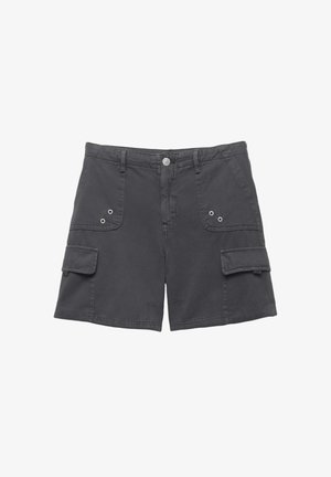 Sive cargo kratke hlače iz trpežnega bombaža, z gumbom za zapiranje, dvema stranskima žepoma in žepom na stegnu z zapiranjem na sponko.