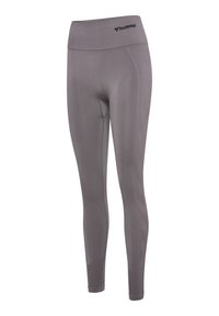 Grå atletiske leggings med høj talje, der har en glat tekstur og subtile grafiske mønstre langs siderne. Brandlogo på taljen.