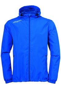 Blauwe lichte jas met capuchon, ritssluiting, elastische manchetten en zijzakken. Soepele textuur en klassiek sportief ontwerp.