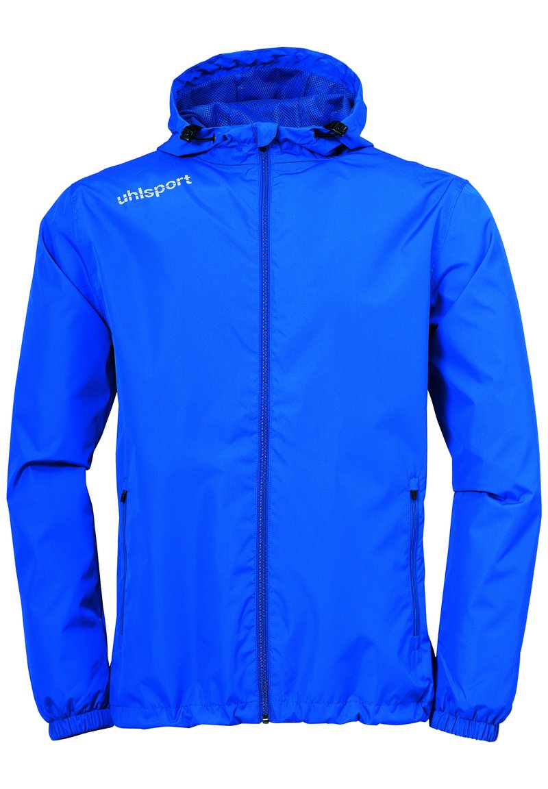 Blauwe lichte jas met capuchon, ritssluiting, elastische manchetten en zijzakken. Soepele textuur en klassiek sportief ontwerp.