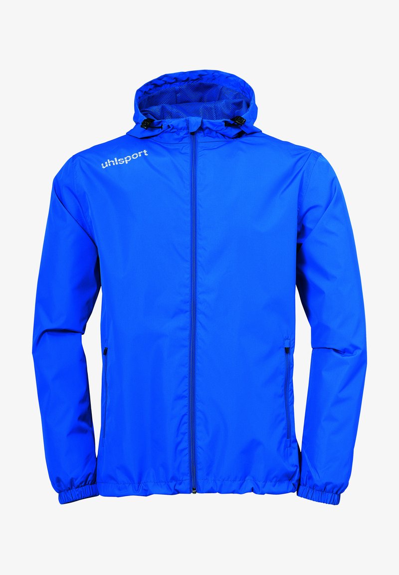 Blauwe lichte jas met capuchon, ritssluiting, elastische manchetten en zijzakken. Soepele textuur en klassiek sportief ontwerp.