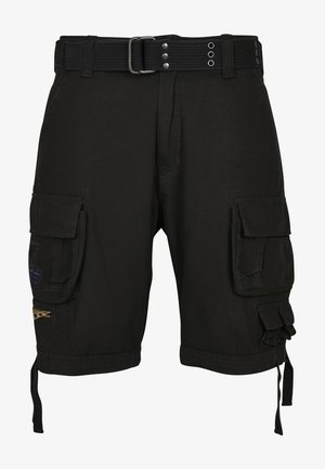 Zwarte cargoshorts gemaakt van duurzaam fabric, met meerdere zijzakken, een gevlochten riem en verstelbare zijtouwen.
