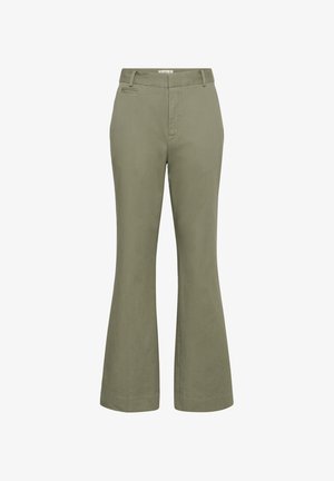 Olivengrønne højttaljede bukser til kvinder med bæltestropper, skjult forlukning foran, sidelommer og brede, udslåede ben.