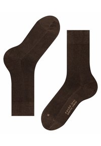 Brązowe skarpetki bawełniane o gładkiej fakturze, wzmocnionym pięcie i palcach, z subtelnymi akcentami w prążki oraz nadrukowaną metką marki.